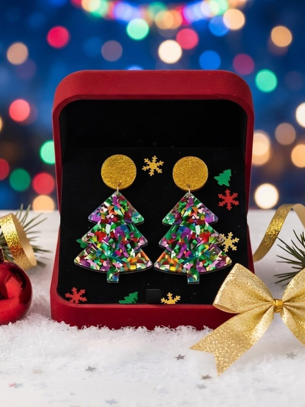 Christmas Tree Dangle Earrings Resin Glitter Multicolor Statement Holiday 2.2in